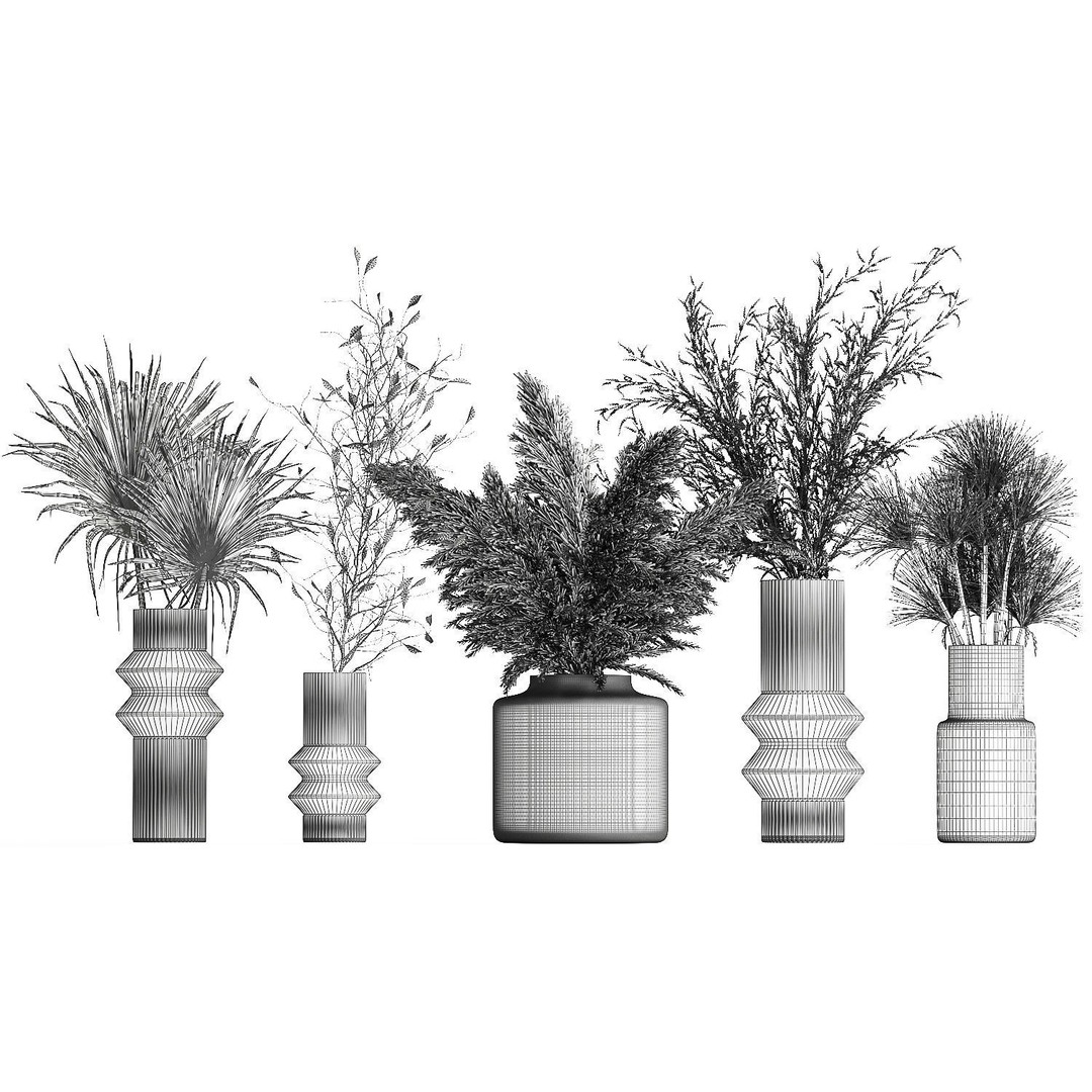 Bouquets of Dried Flowers 3D Model – Modern Glass Vases, FBX