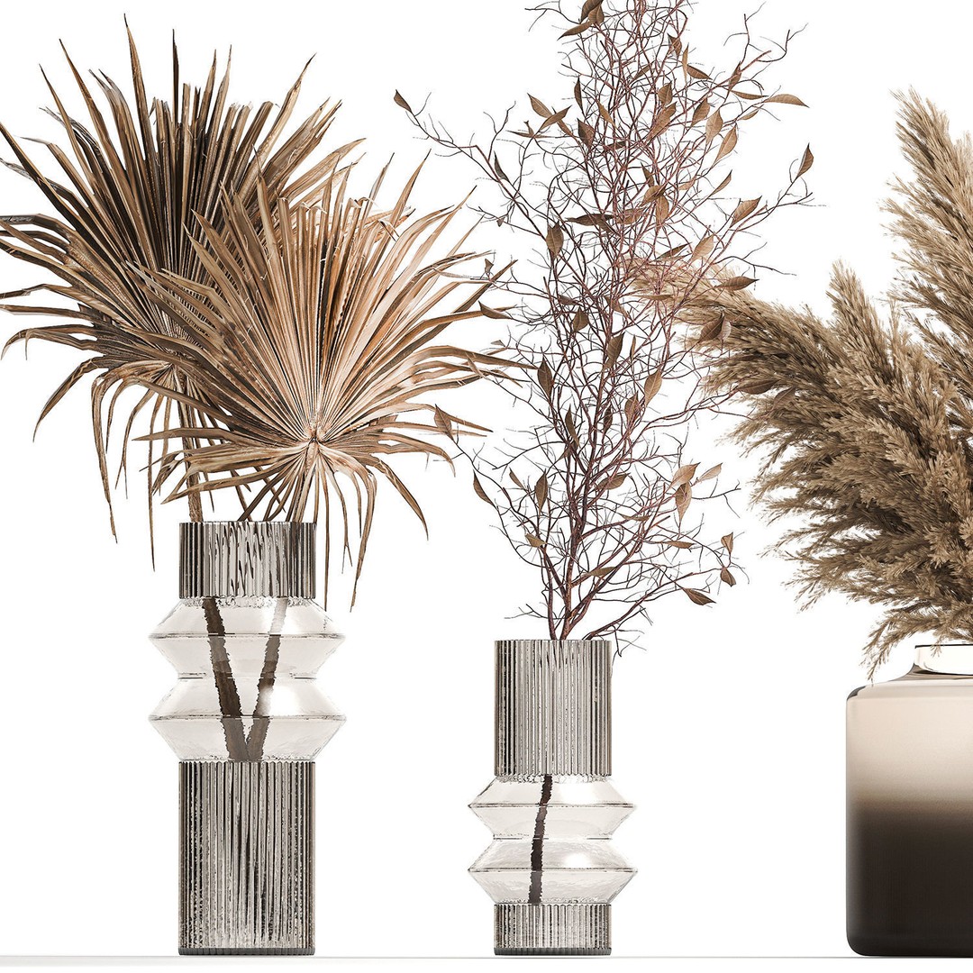 Bouquets of Dried Flowers 3D Model – Modern Glass Vases, FBX - View 10