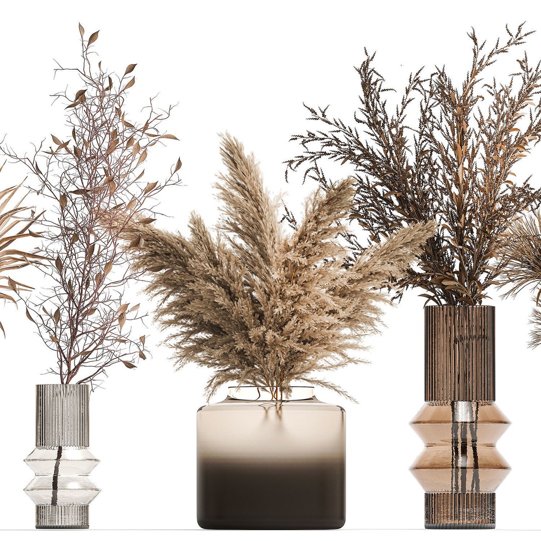 Bouquets of Dried Flowers 3D Model – Modern Glass Vases, FBX - View 11