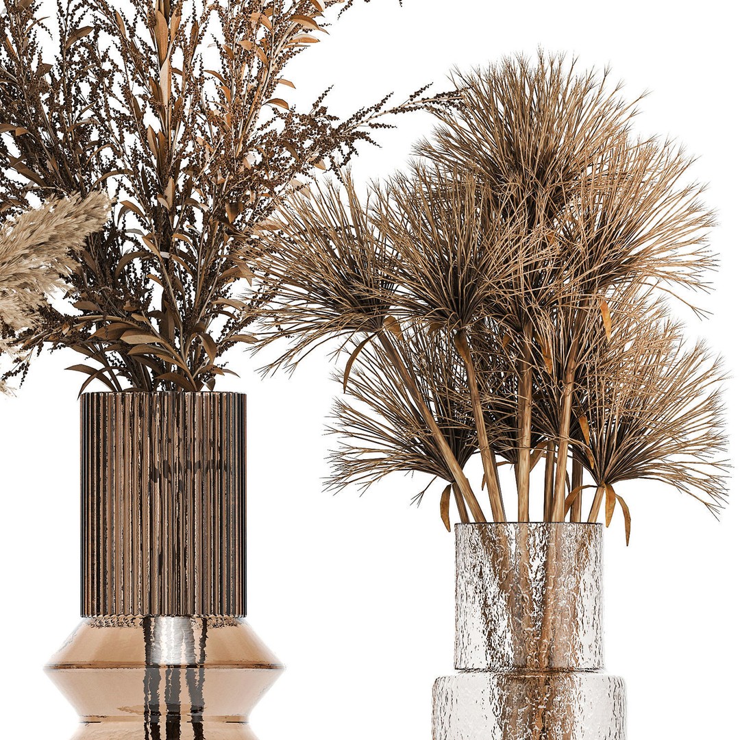 Bouquets of Dried Flowers 3D Model – Modern Glass Vases, FBX - View 12