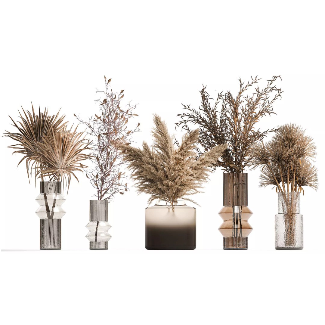Bouquets of Dried Flowers 3D Model – Modern Glass Vases, FBX - View 2