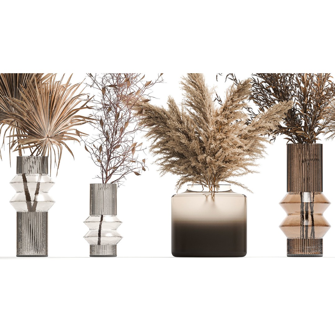 Bouquets of Dried Flowers 3D Model – Modern Glass Vases, FBX - View 3
