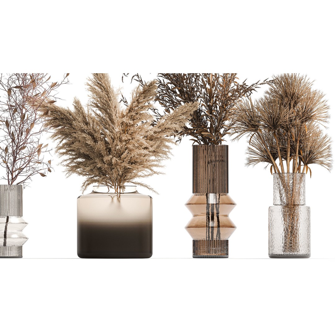 Bouquets of Dried Flowers 3D Model – Modern Glass Vases, FBX - View 4