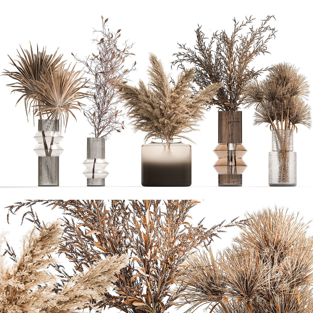 Bouquets of Dried Flowers 3D Model – Modern Glass Vases, FBX - View 7