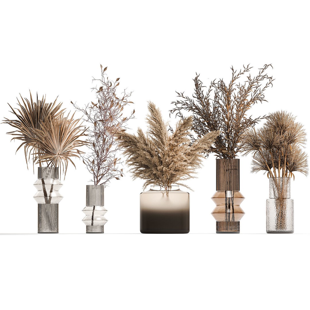 Bouquets of Dried Flowers 3D Model – Modern Glass Vases, FBX - View 8