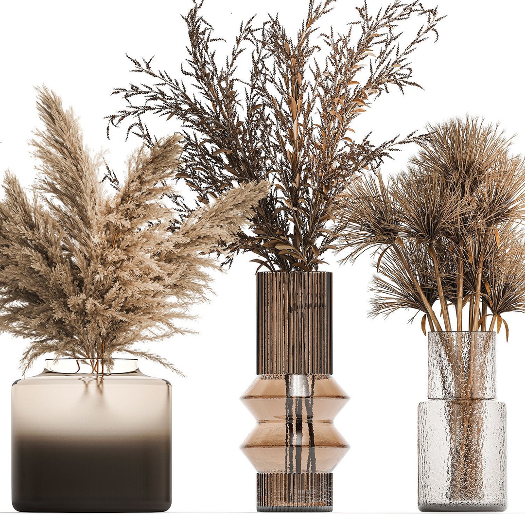 Bouquets of Dried Flowers 3D Model – Modern Glass Vases, FBX - View 9
