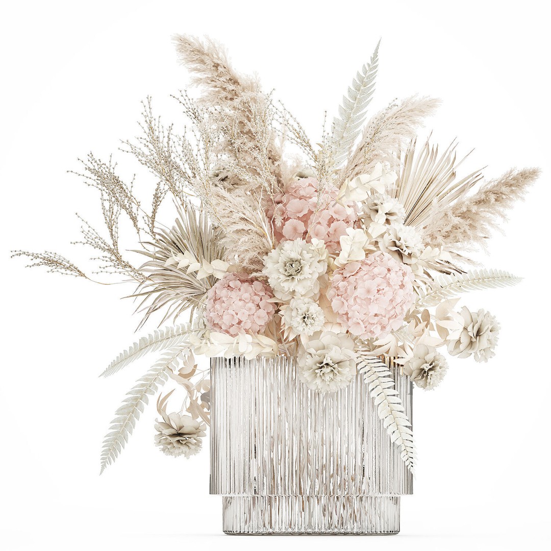 Bouquet of Dried Flowers 3D Model – Decorative Hydrangea & Pampas Arrangement - View 10