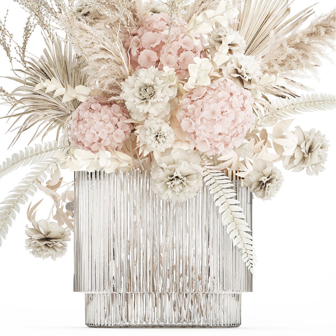 Bouquet of Dried Flowers 3D Model – Decorative Hydrangea & Pampas Arrangement - View 12