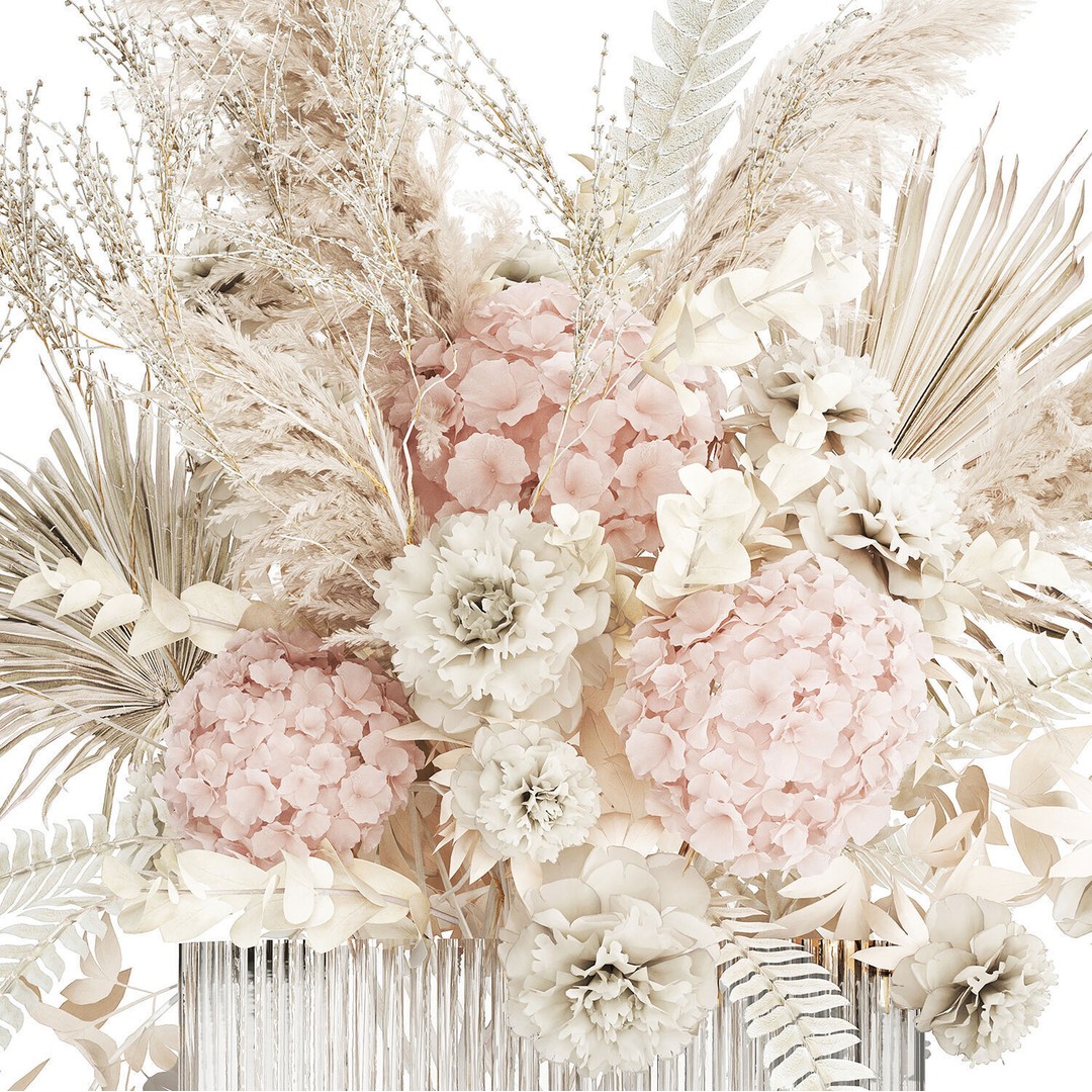 Bouquet of Dried Flowers 3D Model – Decorative Hydrangea & Pampas Arrangement - View 14