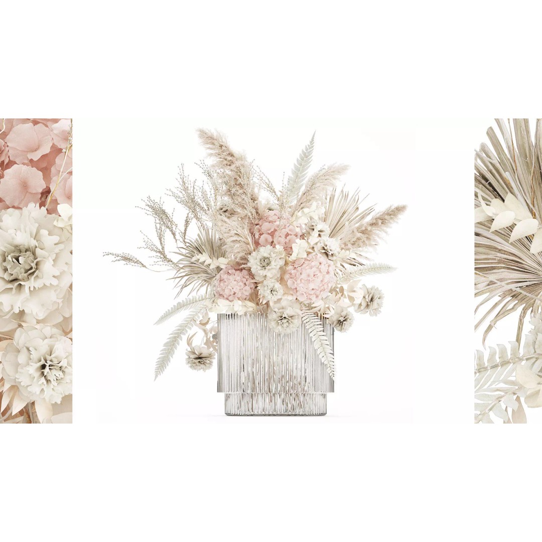 Bouquet of Dried Flowers 3D Model – Decorative Hydrangea & Pampas Arrangement - View 2