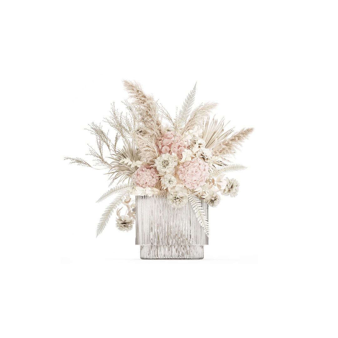 Bouquet of Dried Flowers 3D Model – Decorative Hydrangea & Pampas Arrangement - View 3