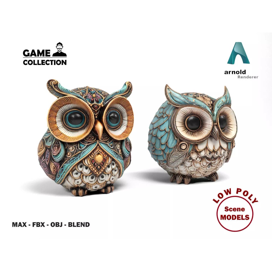 Owls 3D Model – Low Poly Bird Figures, FBX & OBJ Formats - View 2