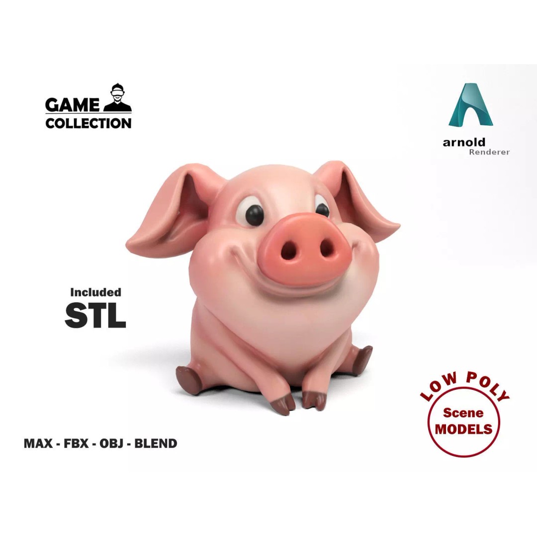 Funny Pig 3D Model – Low Poly Cartoon Character, FBX & OBJ Formats - View 2