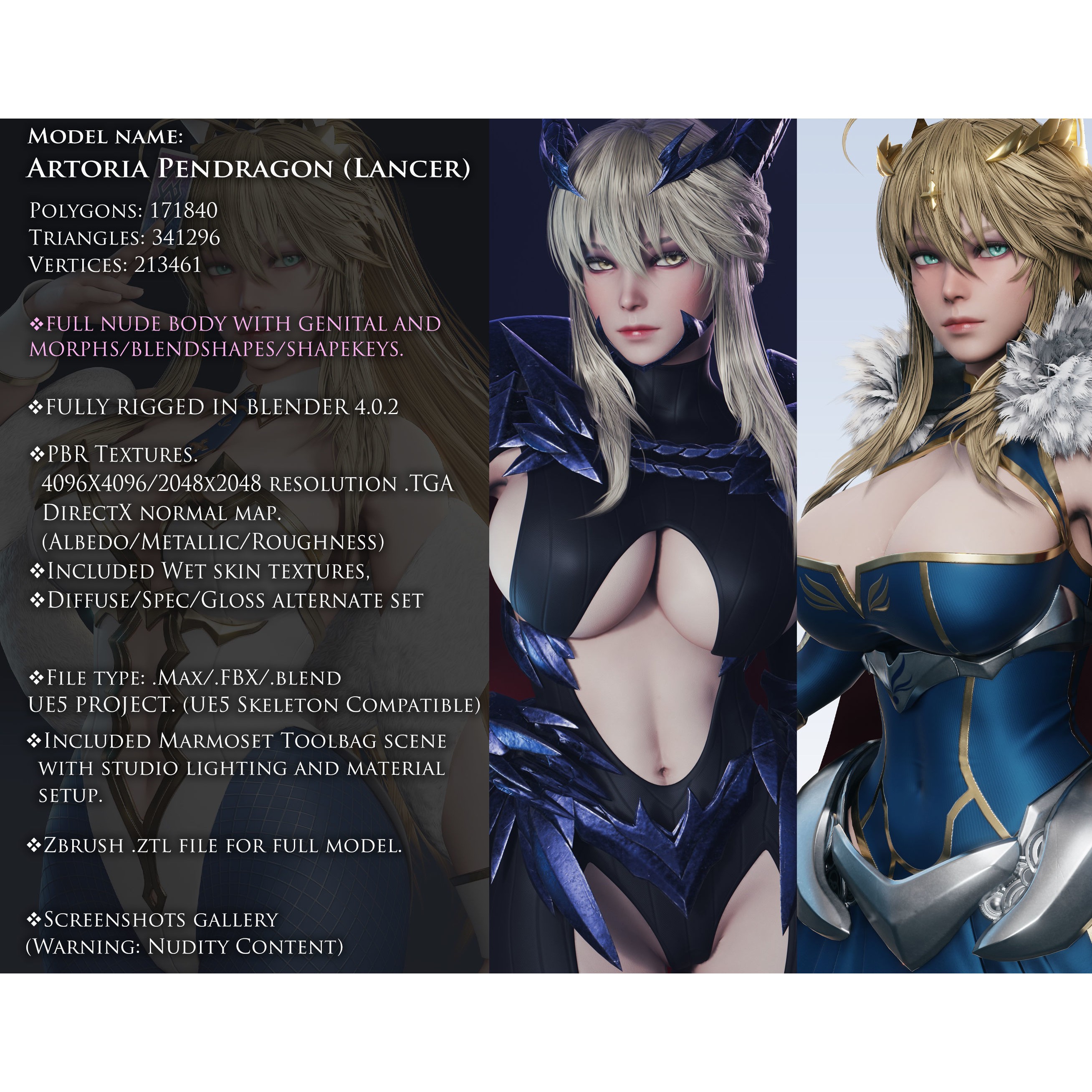 Artoria Pendragon (Lancer) - Low-Poly Game-Ready 3D Model - View 3