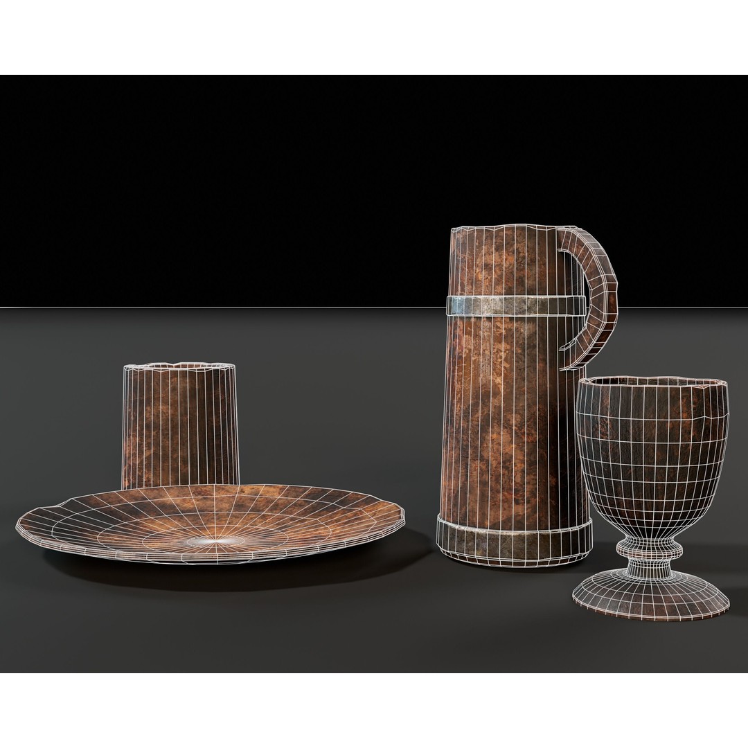 Medieval Wooden Tableware 3D Model – Low Poly Game Asset, FBX, OBJ