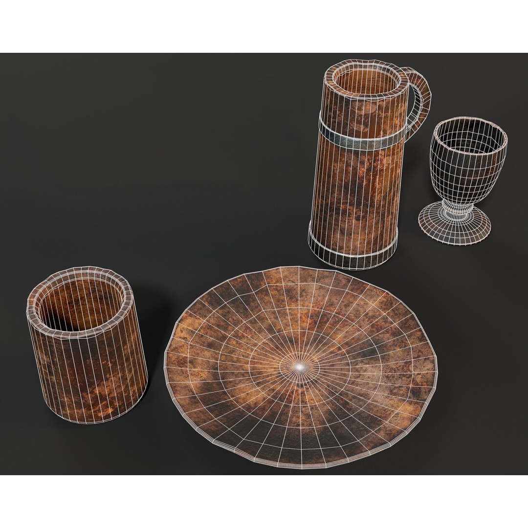 Medieval Wooden Tableware 3D Model – Low Poly Game Asset, FBX, OBJ - View 10
