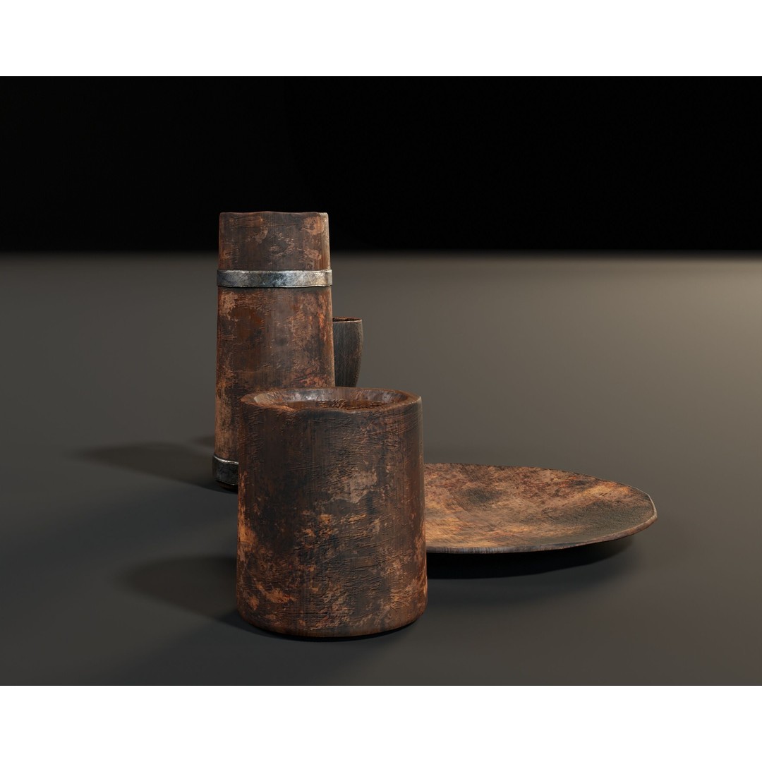 Medieval Wooden Tableware 3D Model – Low Poly Game Asset, FBX, OBJ - View 11