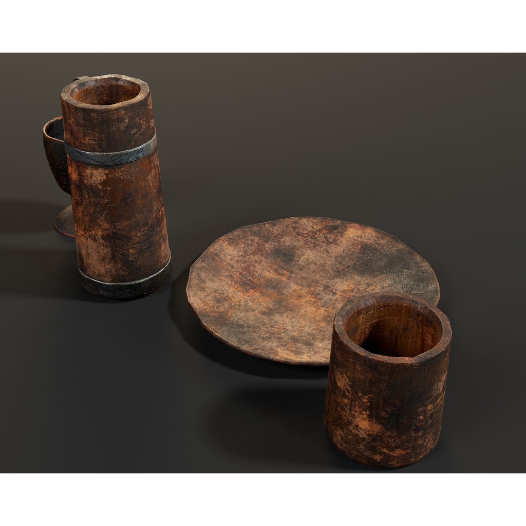 Medieval Wooden Tableware 3D Model – Low Poly Game Asset, FBX, OBJ - View 13