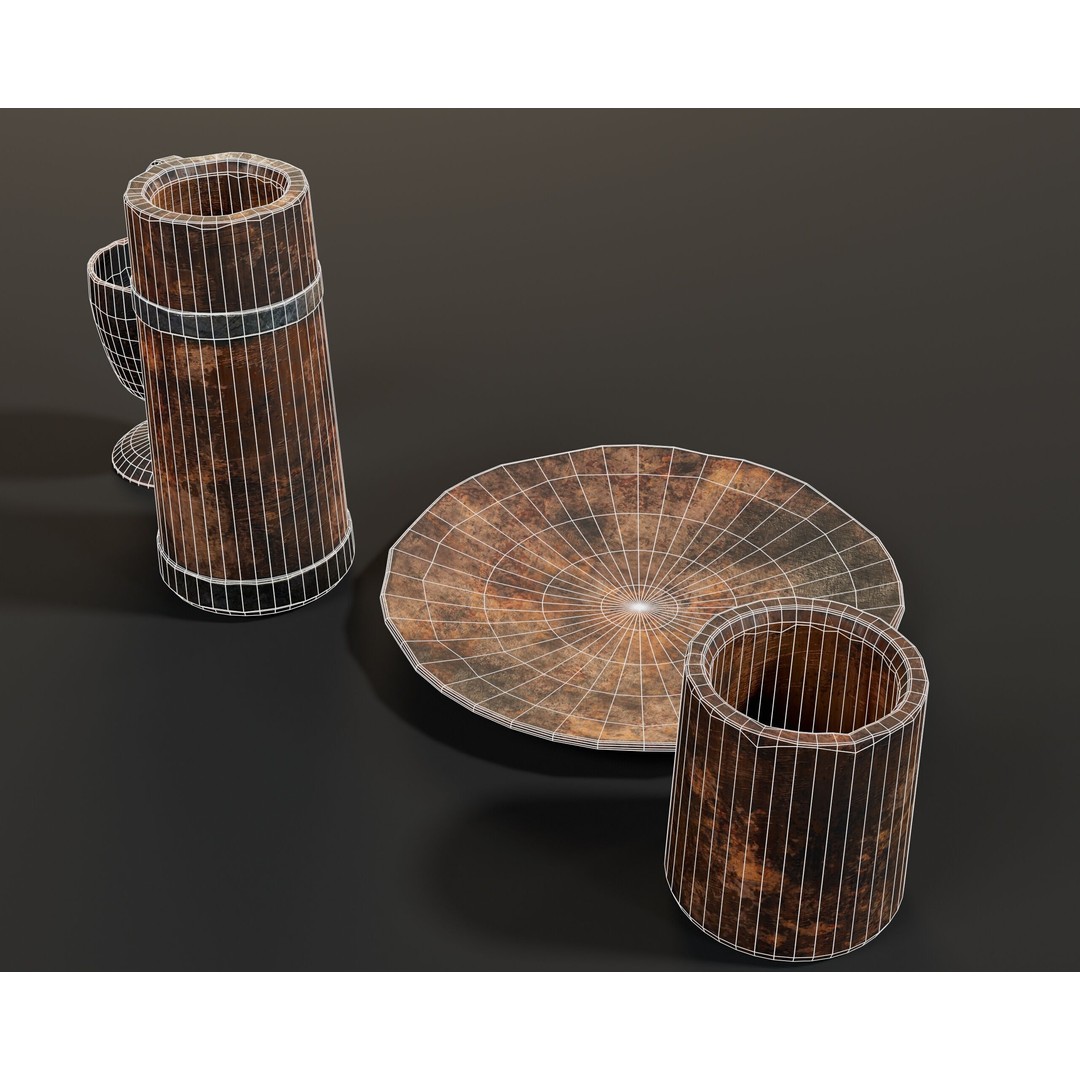 Medieval Wooden Tableware 3D Model – Low Poly Game Asset, FBX, OBJ - View 14