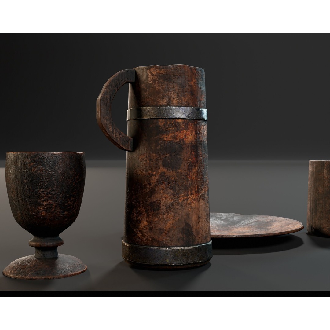 Medieval Wooden Tableware 3D Model – Low Poly Game Asset, FBX, OBJ - View 15