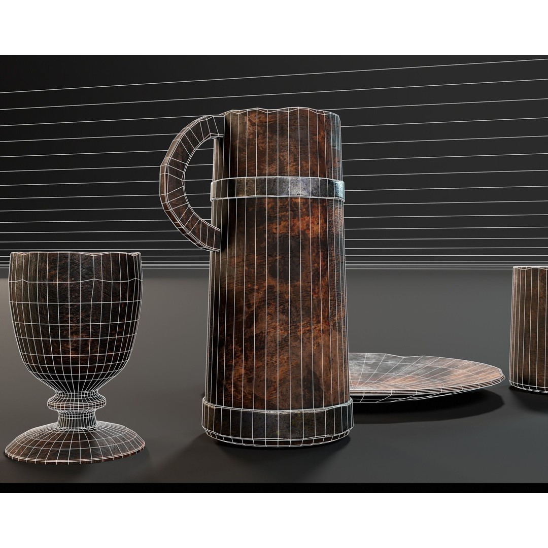 Medieval Wooden Tableware 3D Model – Low Poly Game Asset, FBX, OBJ - View 16