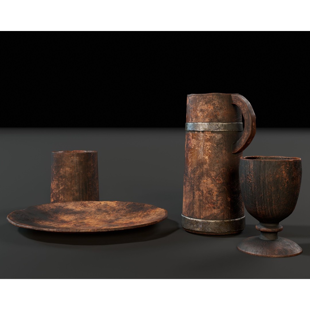 Medieval Wooden Tableware 3D Model – Low Poly Game Asset, FBX, OBJ - View 17