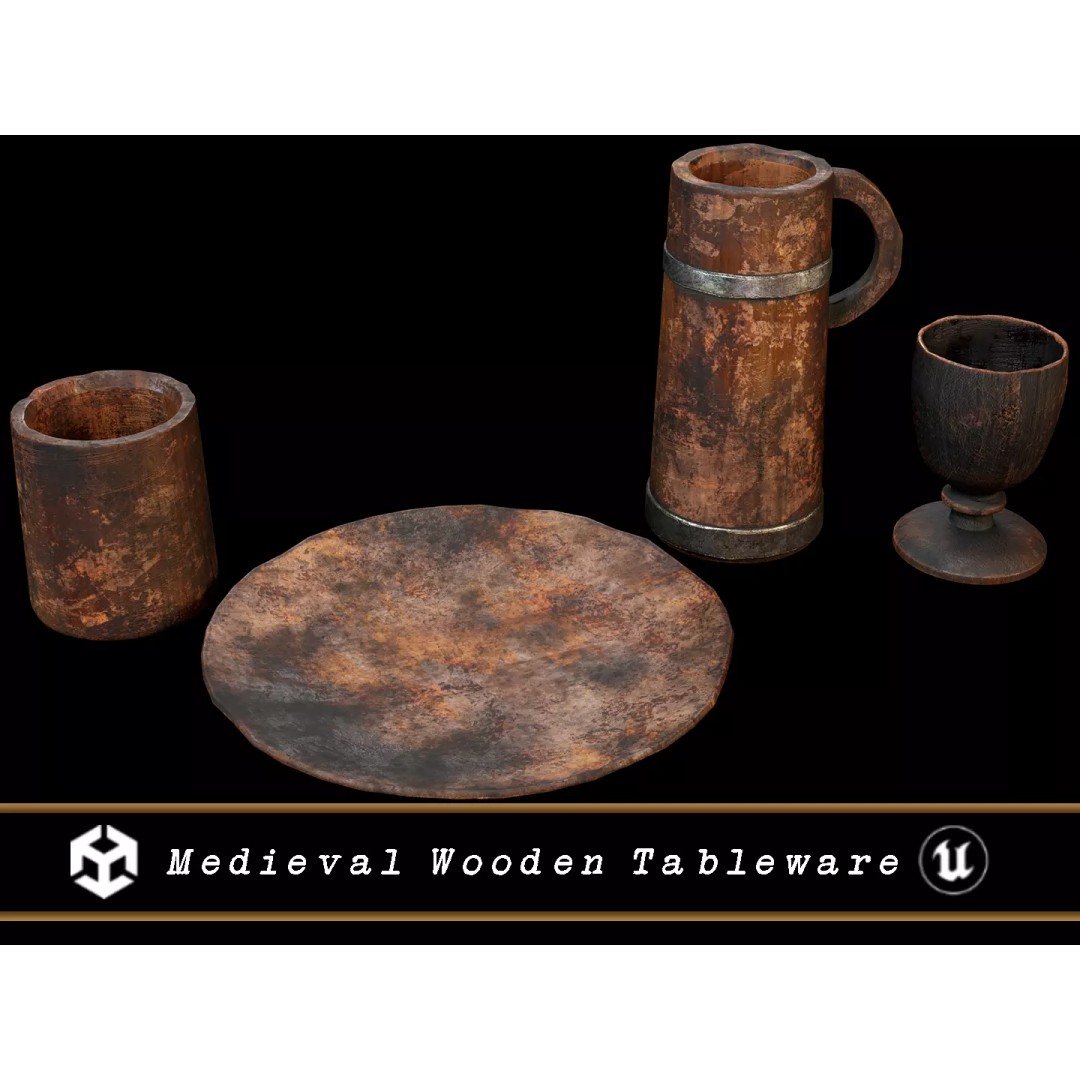 Medieval Wooden Tableware 3D Model – Low Poly Game Asset, FBX, OBJ - View 2