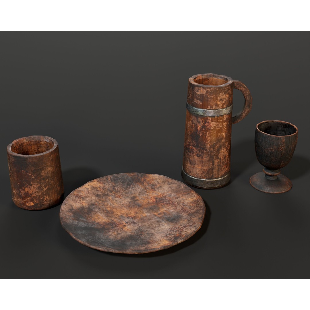 Medieval Wooden Tableware 3D Model – Low Poly Game Asset, FBX, OBJ - View 3