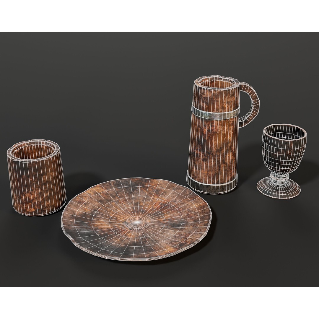 Medieval Wooden Tableware 3D Model – Low Poly Game Asset, FBX, OBJ - View 4