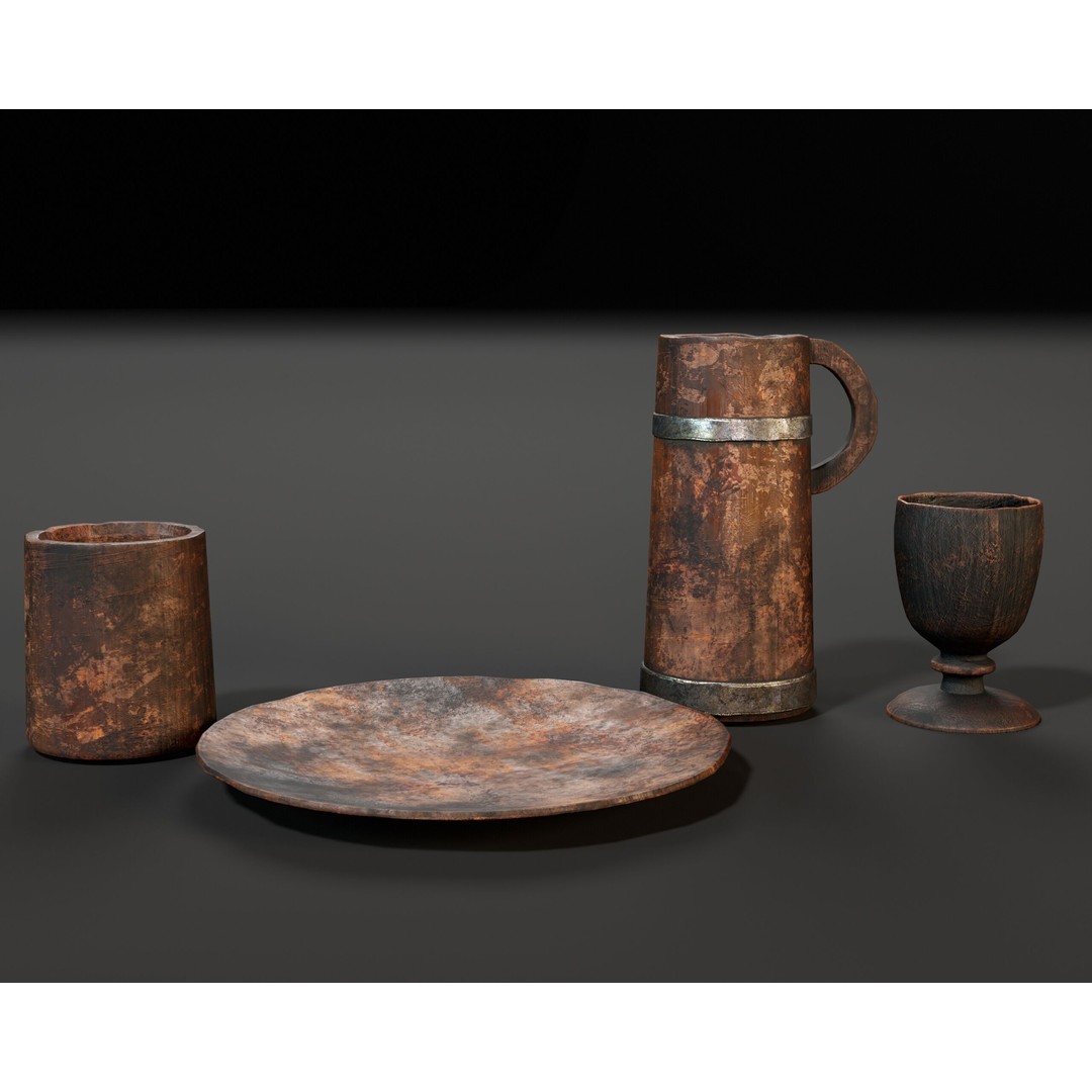 Medieval Wooden Tableware 3D Model – Low Poly Game Asset, FBX, OBJ - View 5