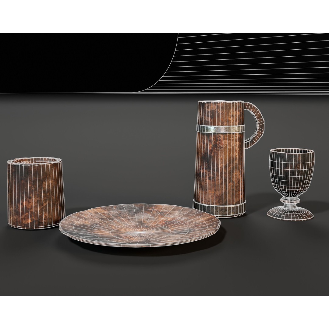 Medieval Wooden Tableware 3D Model – Low Poly Game Asset, FBX, OBJ - View 6