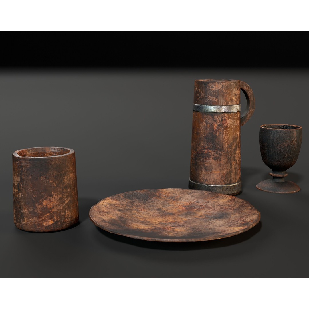 Medieval Wooden Tableware 3D Model – Low Poly Game Asset, FBX, OBJ - View 7