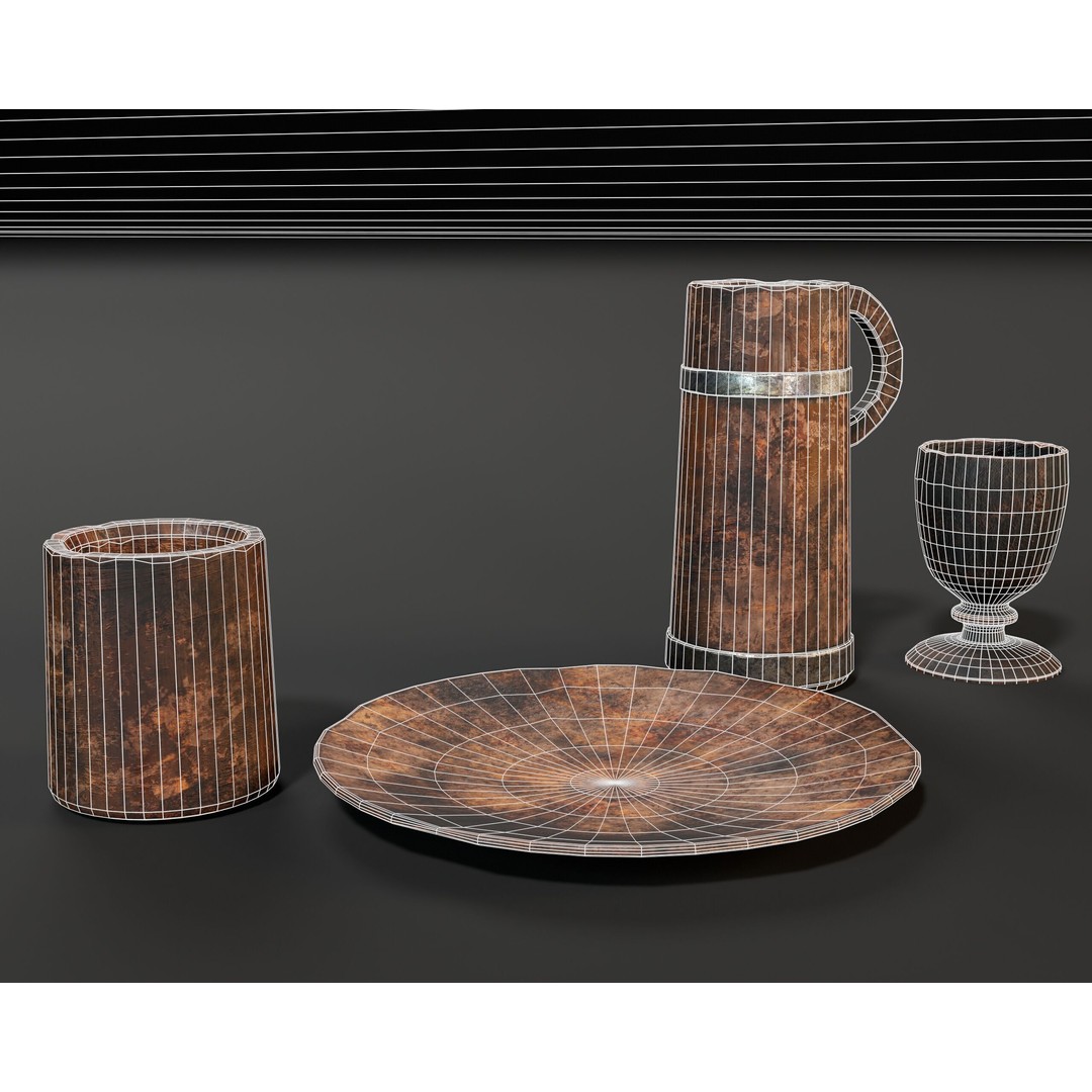 Medieval Wooden Tableware 3D Model – Low Poly Game Asset, FBX, OBJ - View 8