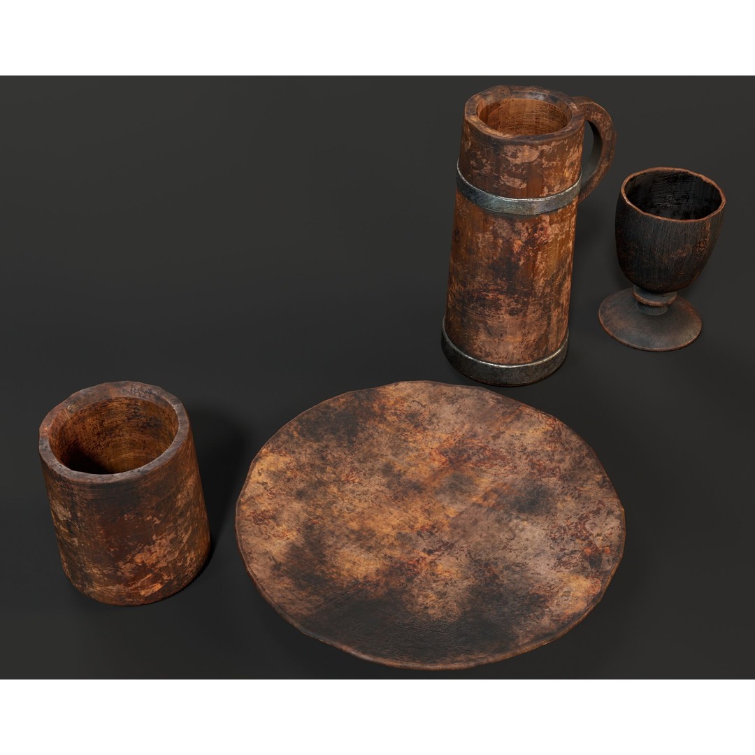 Medieval Wooden Tableware 3D Model – Low Poly Game Asset, FBX, OBJ - View 9