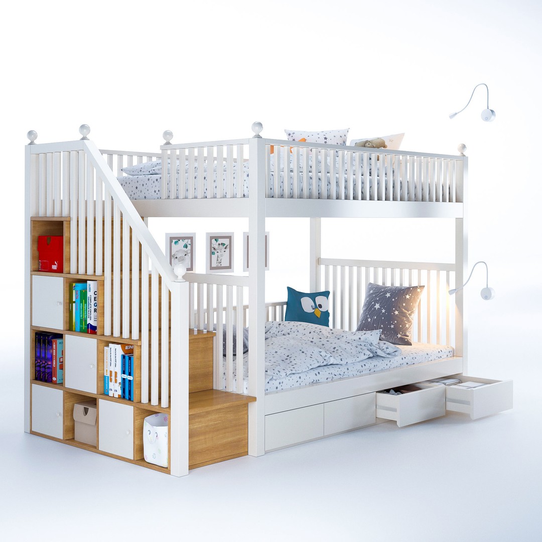 Kids Bunk Bed 3D Model – Low Poly Interior Furniture, FBX, OBJ - View 3