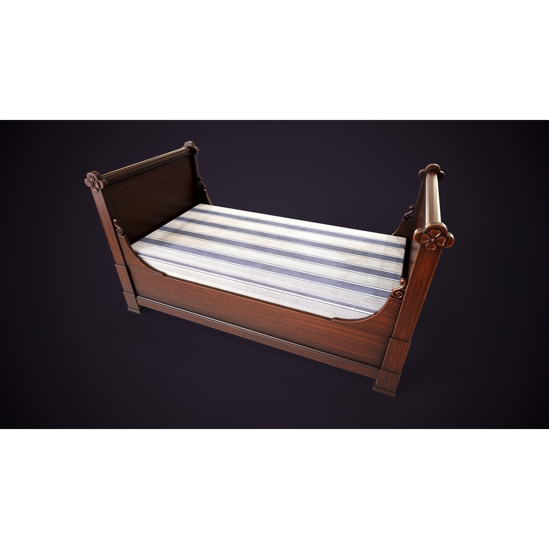 Vintage Single Bed 3D Model – Low Poly Game Asset, FBX & OBJ - View 11