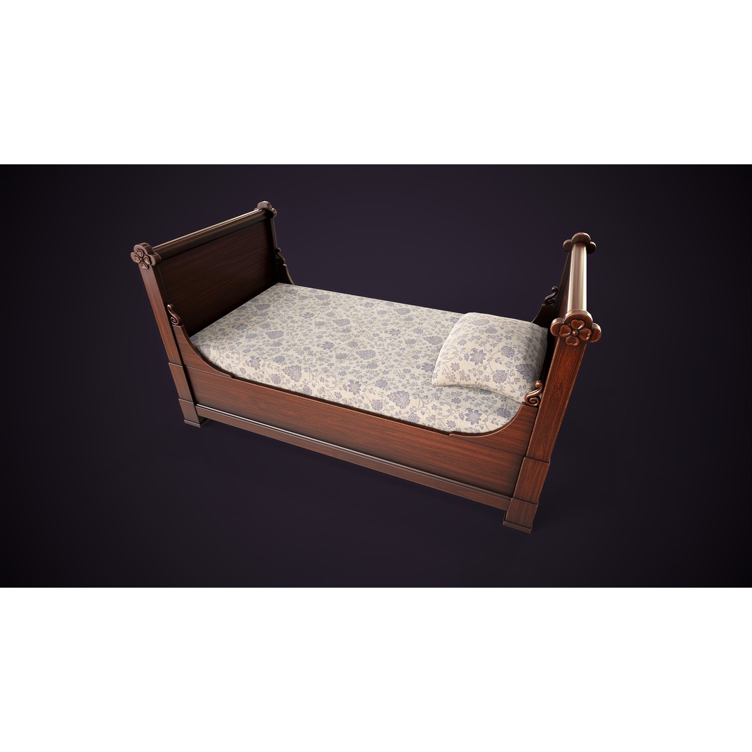 Vintage Single Bed 3D Model – Low Poly Game Asset, FBX & OBJ - View 12