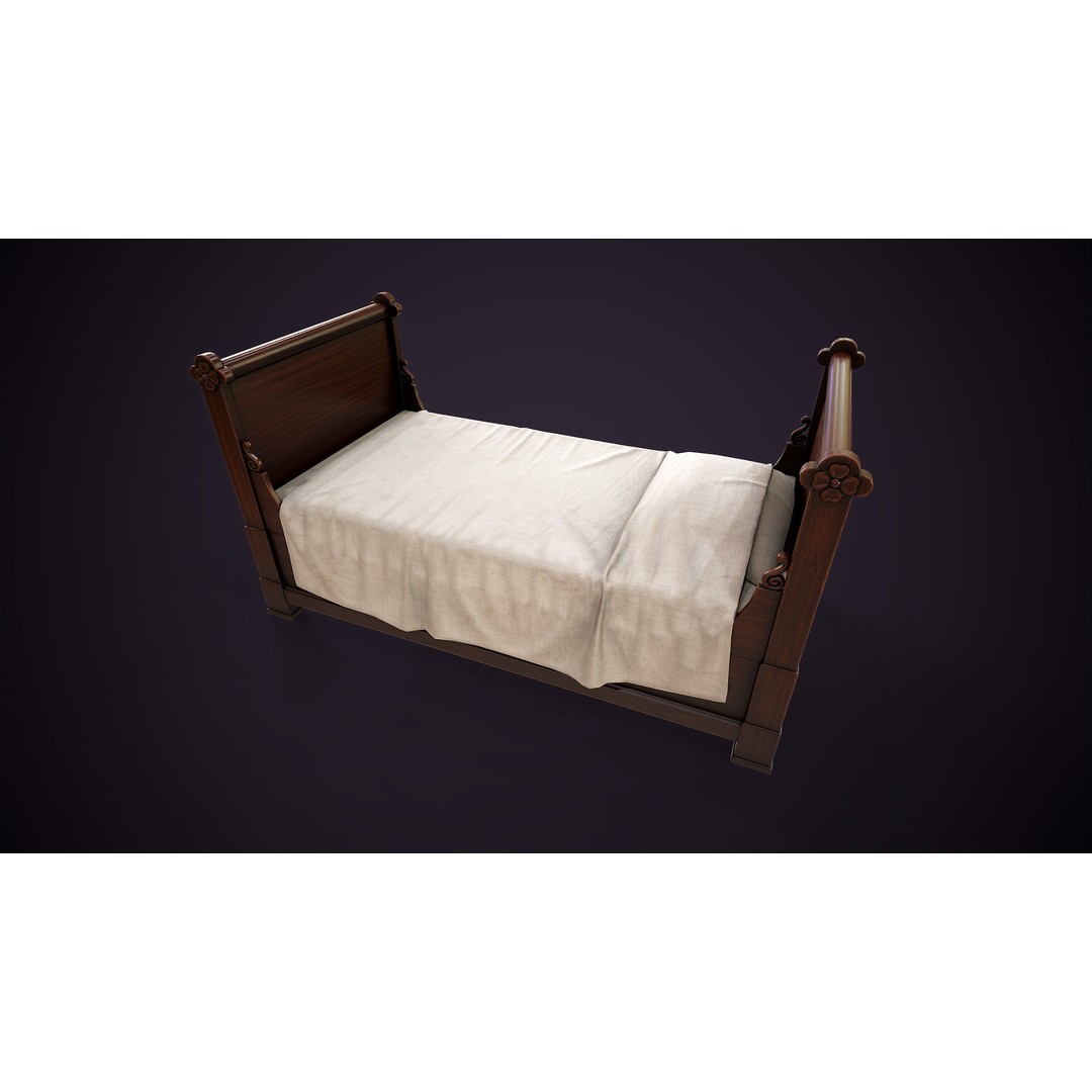 Vintage Single Bed 3D Model – Low Poly Game Asset, FBX & OBJ - View 13