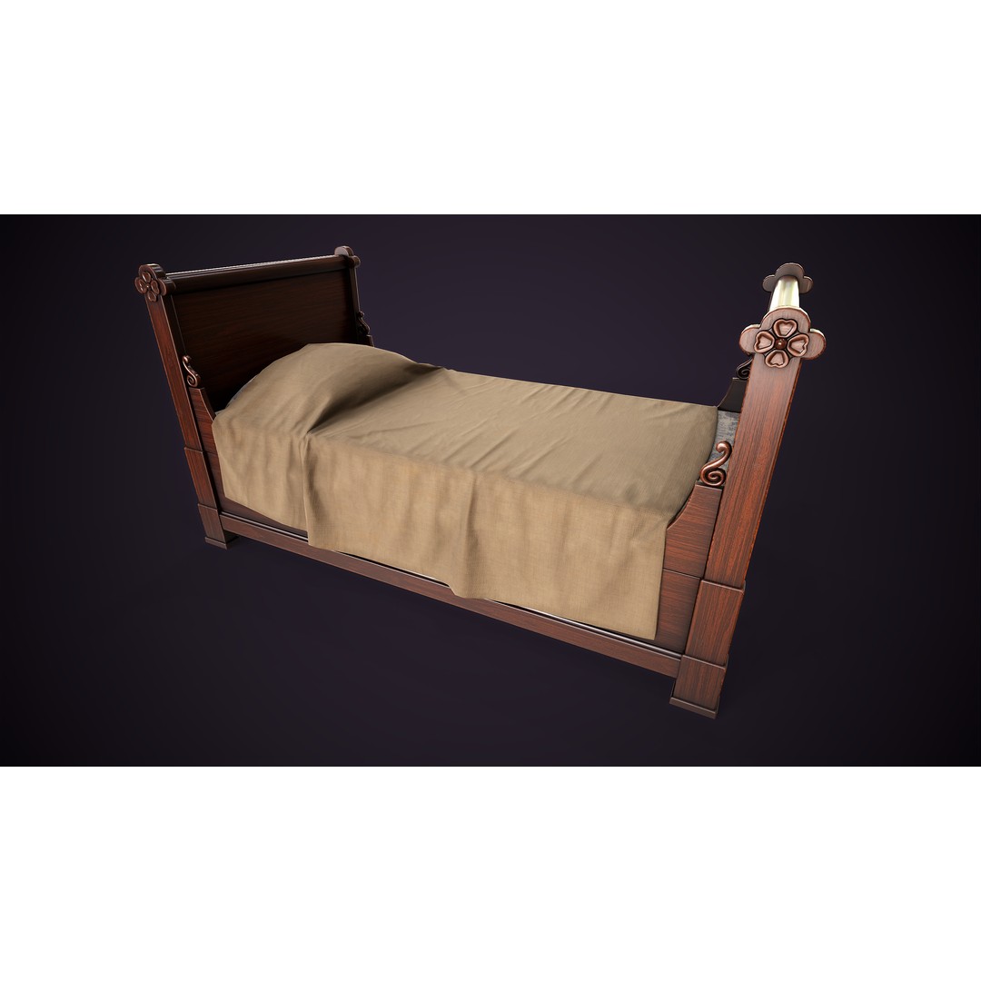 Vintage Single Bed 3D Model – Low Poly Game Asset, FBX & OBJ - View 14