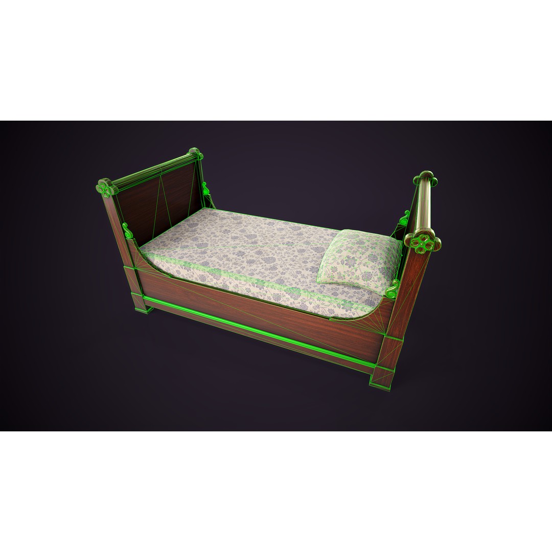 Vintage Single Bed 3D Model – Low Poly Game Asset, FBX & OBJ - View 19