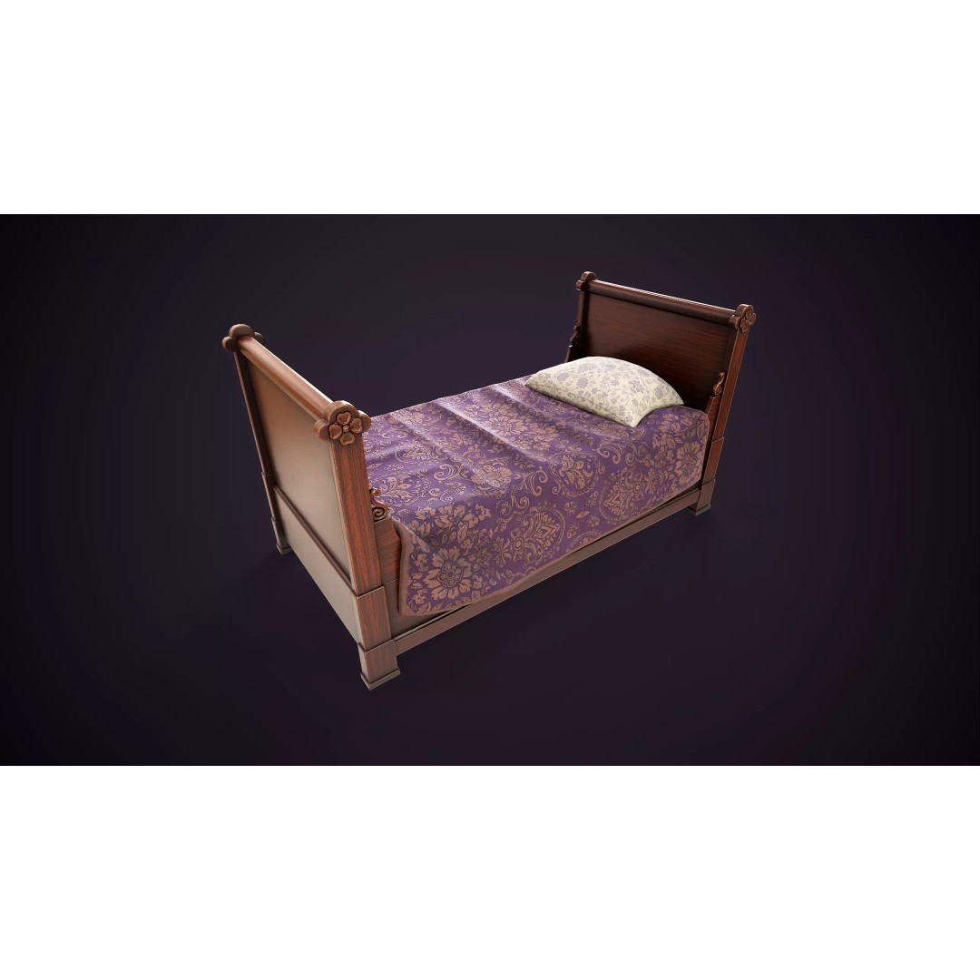 Vintage Single Bed 3D Model – Low Poly Game Asset, FBX & OBJ - View 2