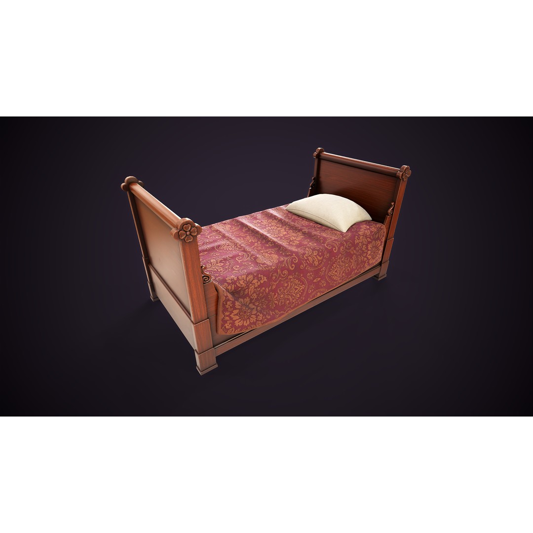Vintage Single Bed 3D Model – Low Poly Game Asset, FBX & OBJ - View 3