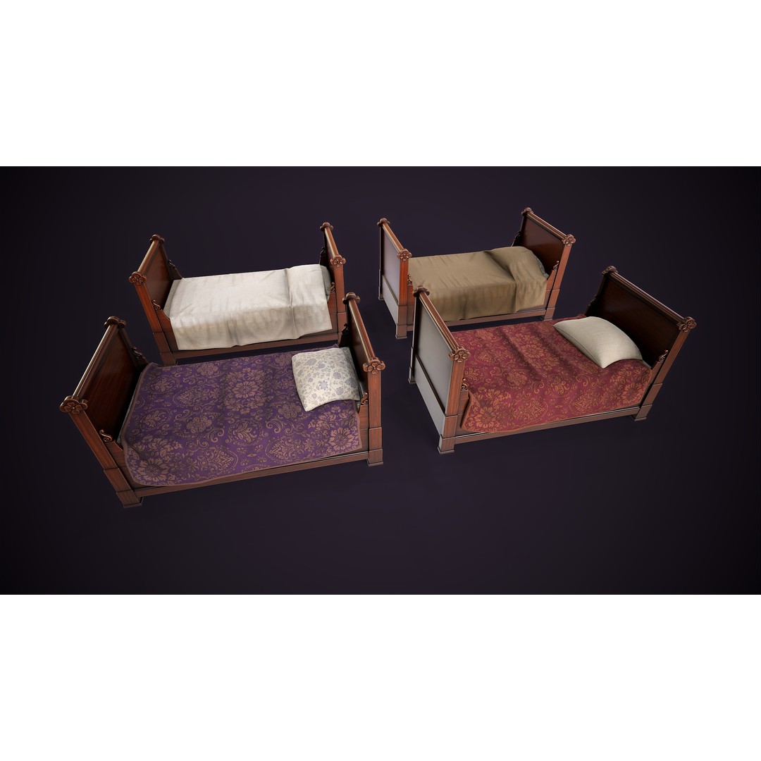 Vintage Single Bed 3D Model – Low Poly Game Asset, FBX & OBJ - View 4