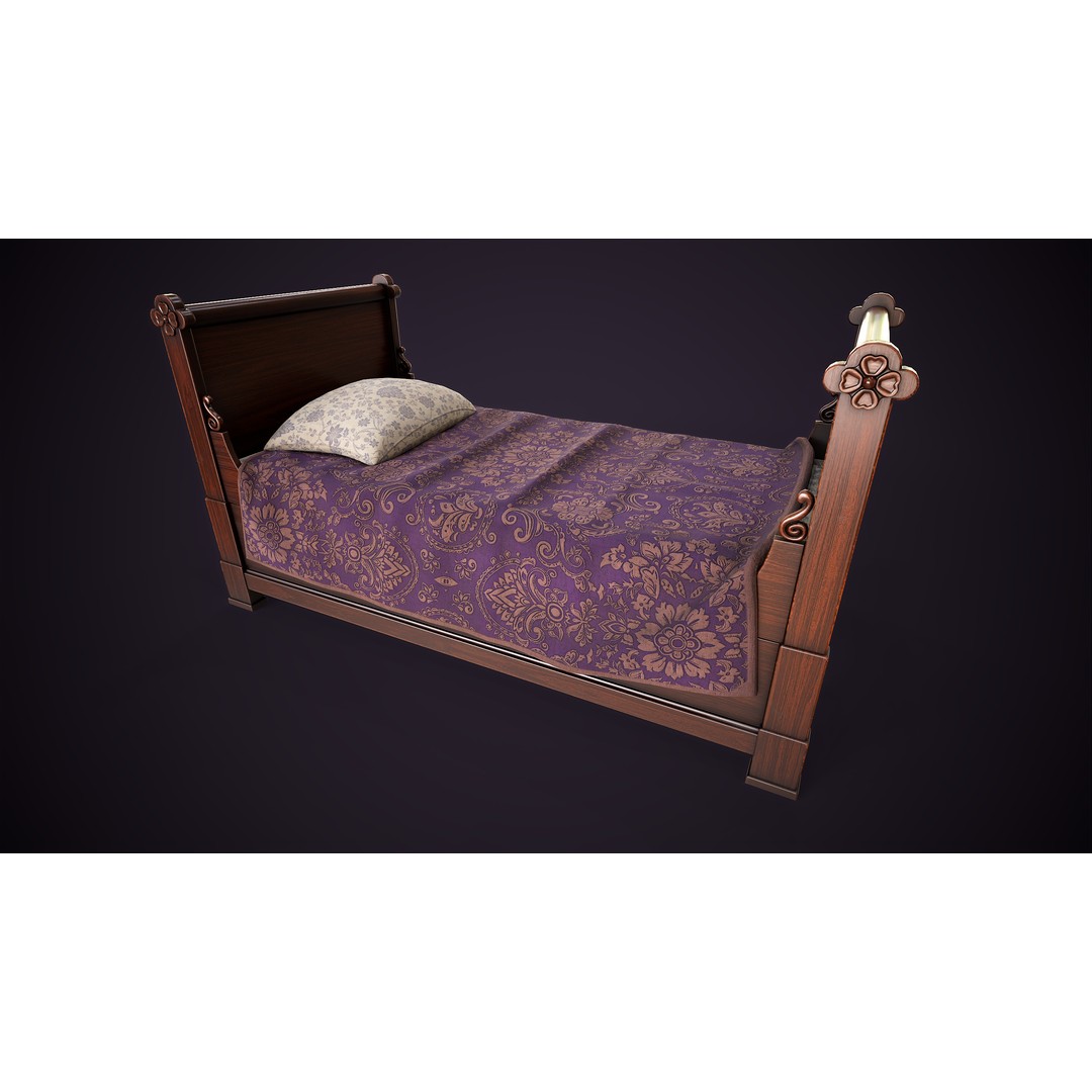 Vintage Single Bed 3D Model – Low Poly Game Asset, FBX & OBJ - View 6