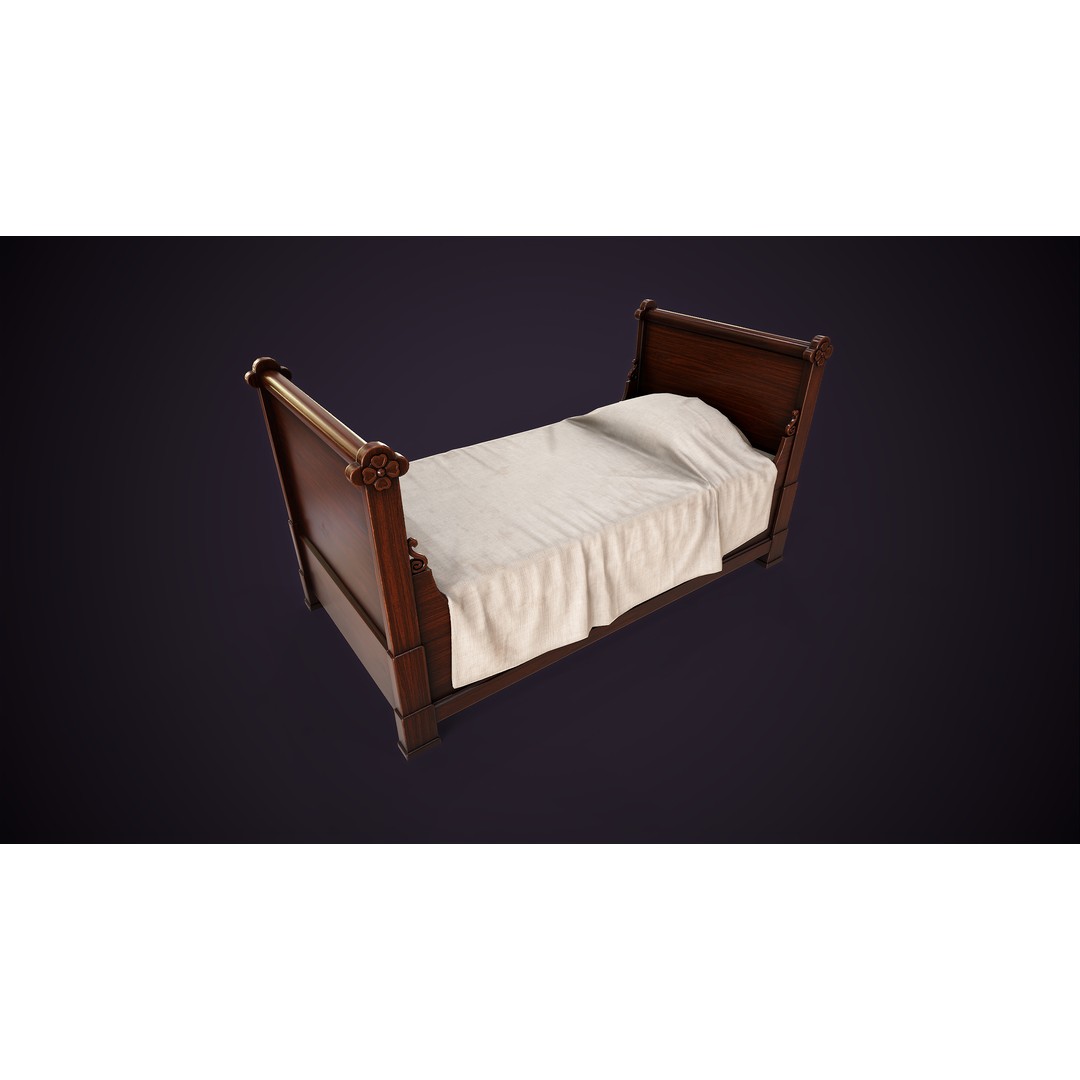 Vintage Single Bed 3D Model – Low Poly Game Asset, FBX & OBJ - View 7