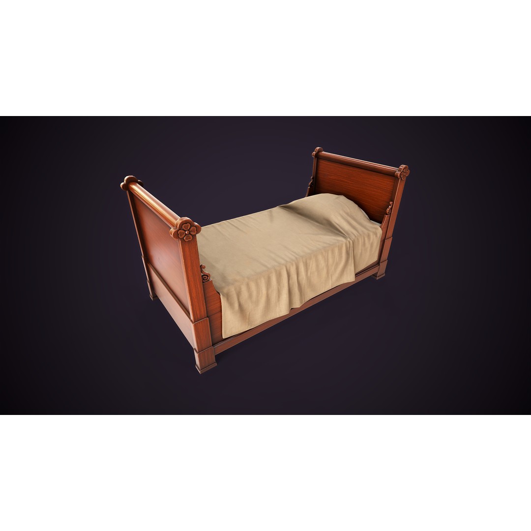 Vintage Single Bed 3D Model – Low Poly Game Asset, FBX & OBJ - View 8