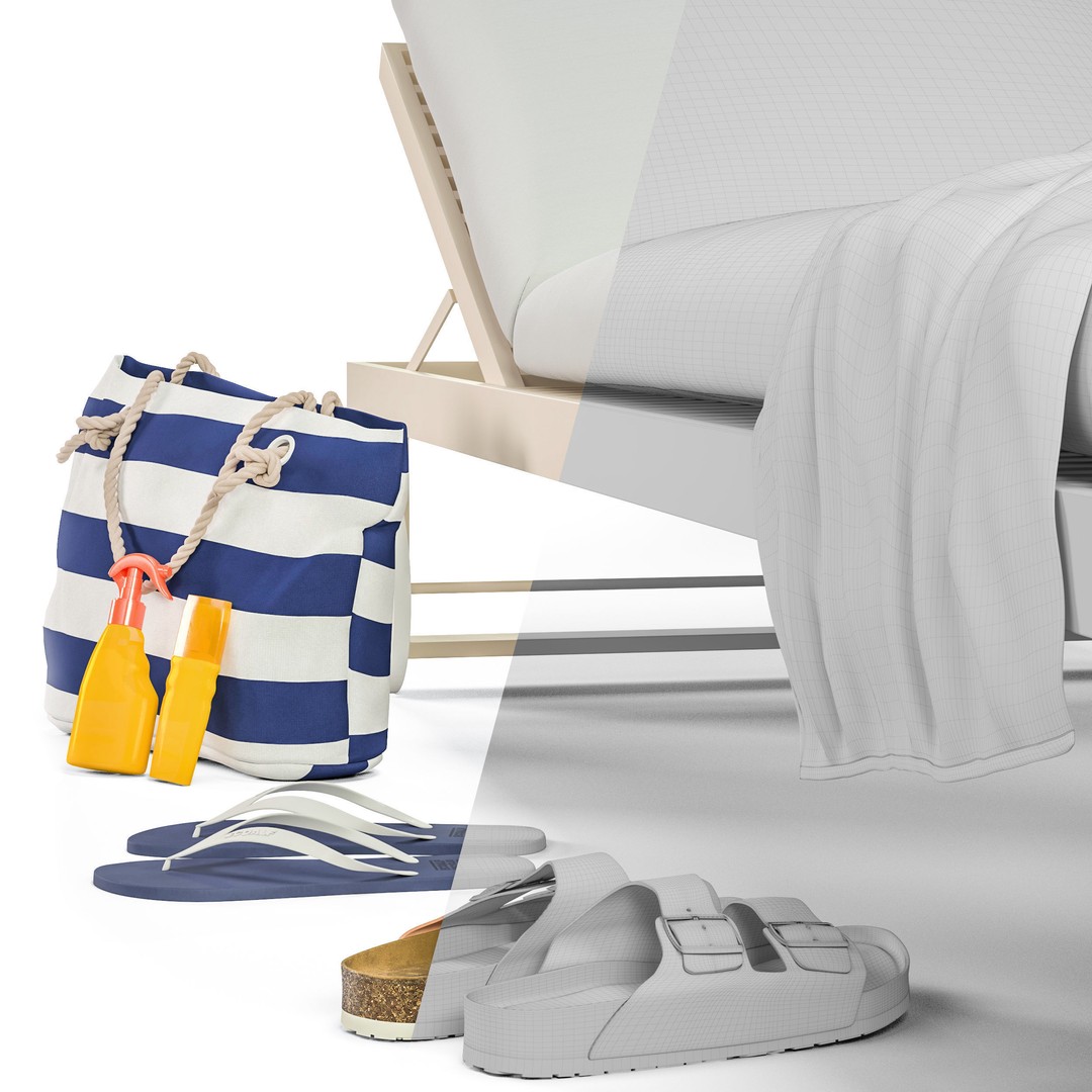 Beach Sunbed and Sandals Collection 3D Model – High Poly Outdoor Asset, FBX, OBJ - View 11