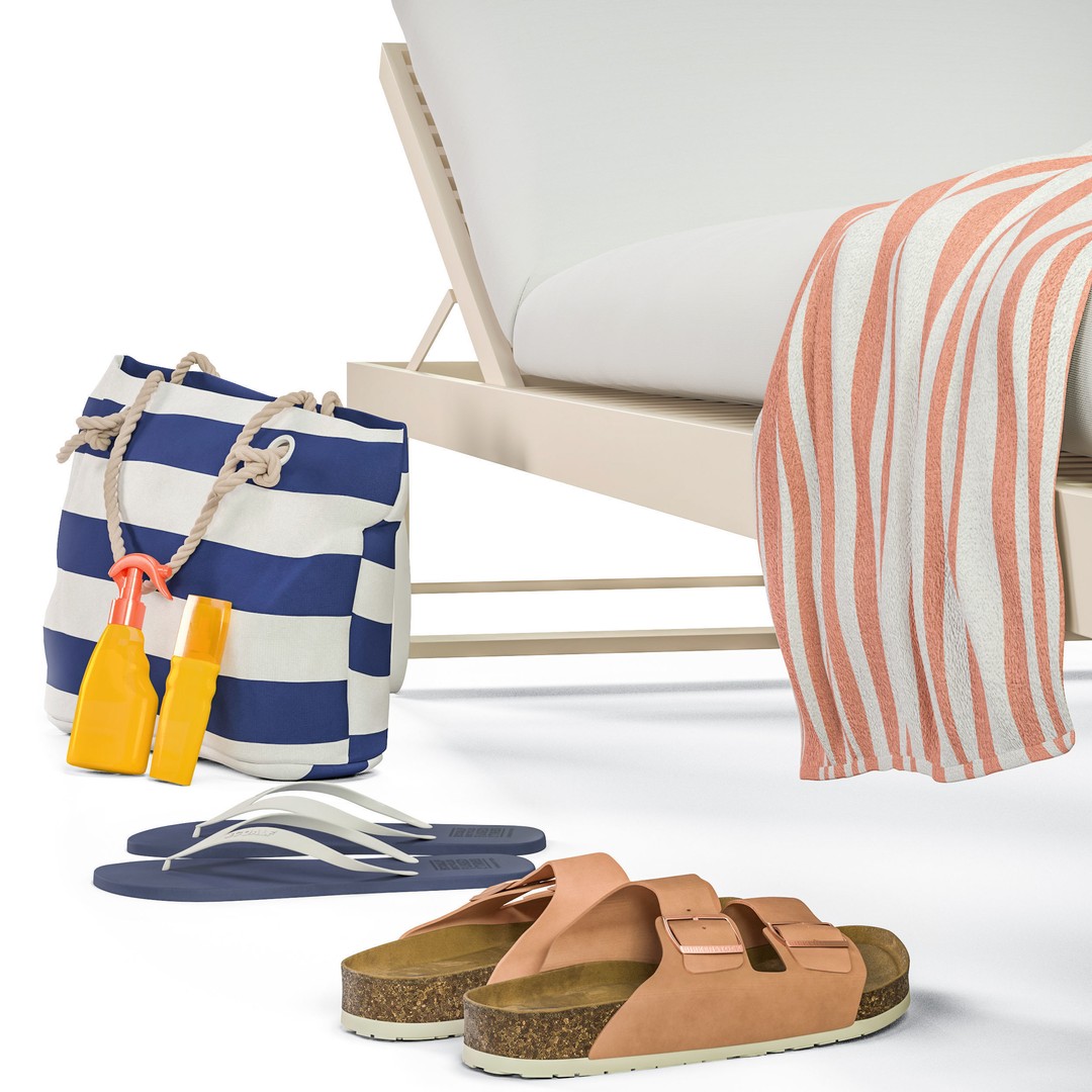 Beach Sunbed and Sandals Collection 3D Model – High Poly Outdoor Asset, FBX, OBJ - View 5
