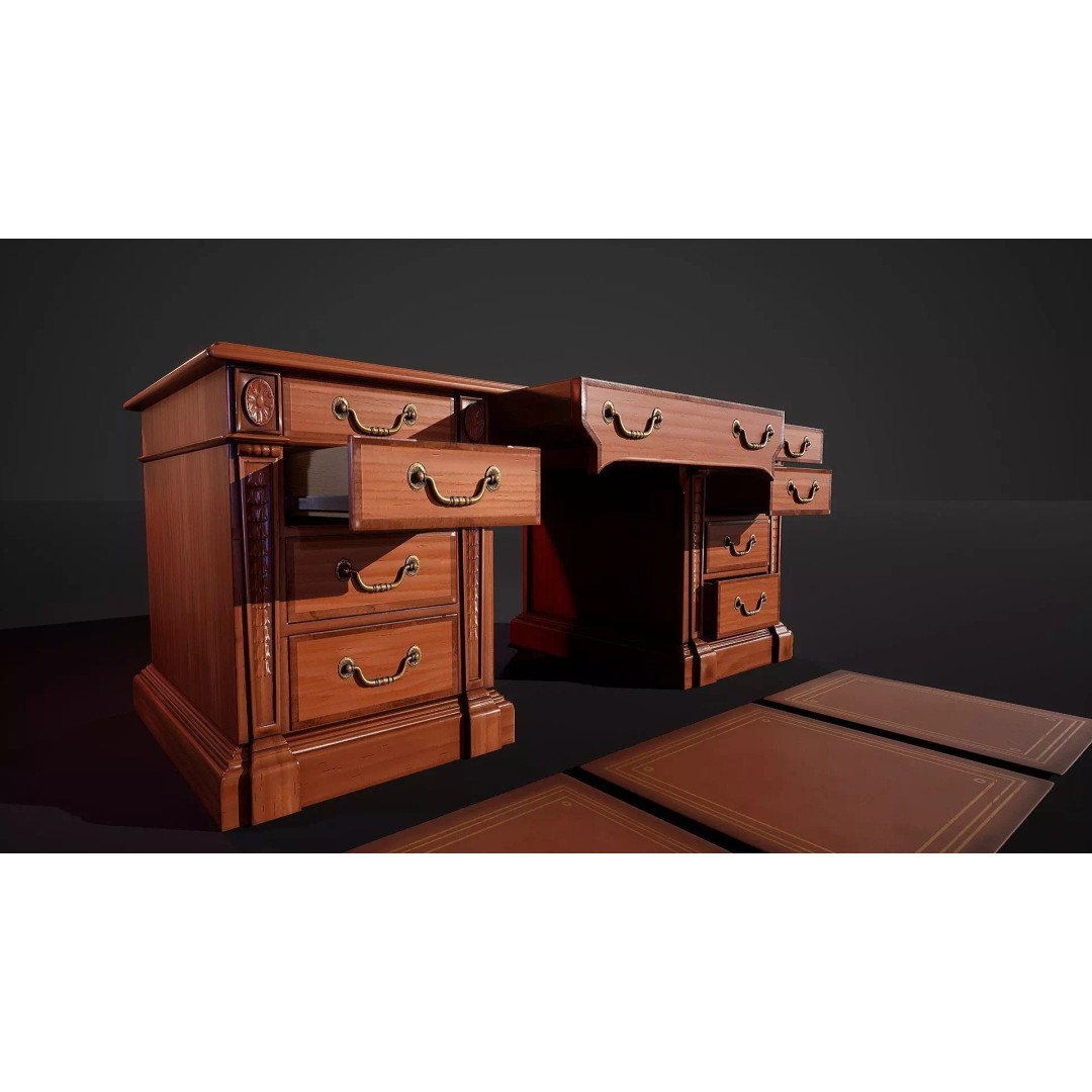 Victorian Desk 3D Model – Low Poly Game Ready Furniture, FBX - View 2