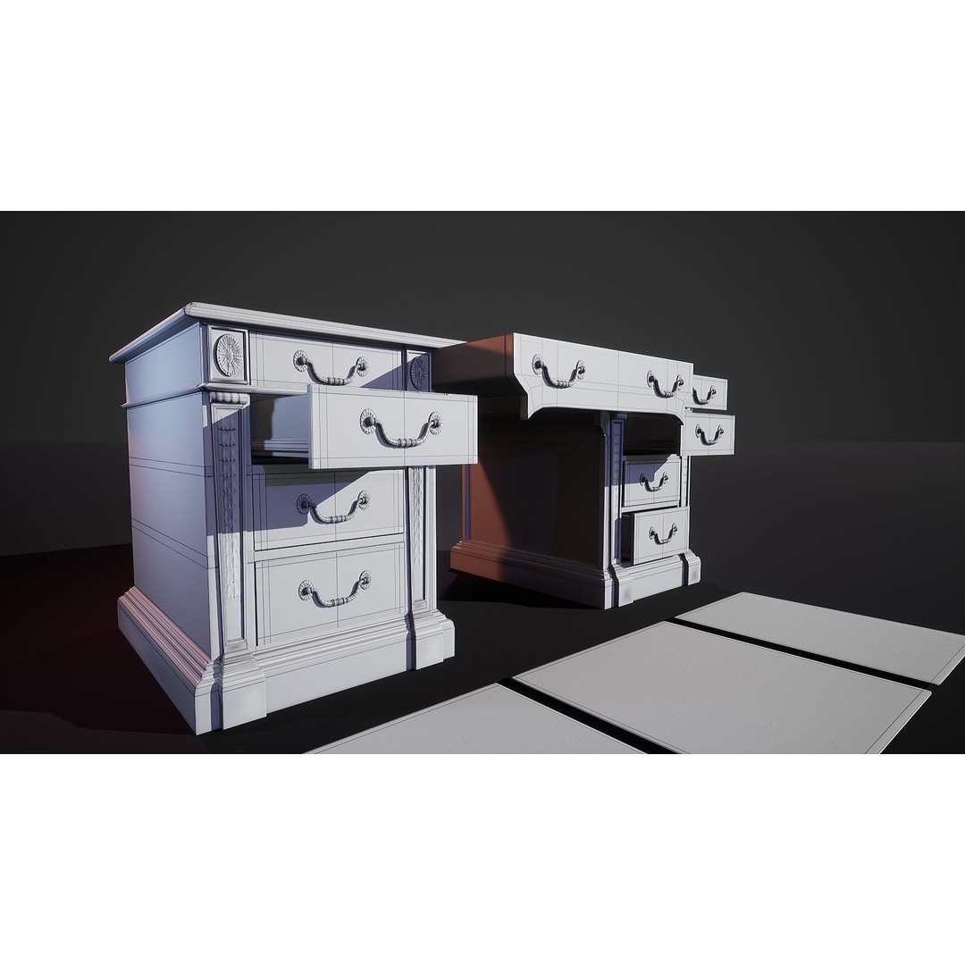 Victorian Desk 3D Model – Low Poly Game Ready Furniture, FBX - View 3